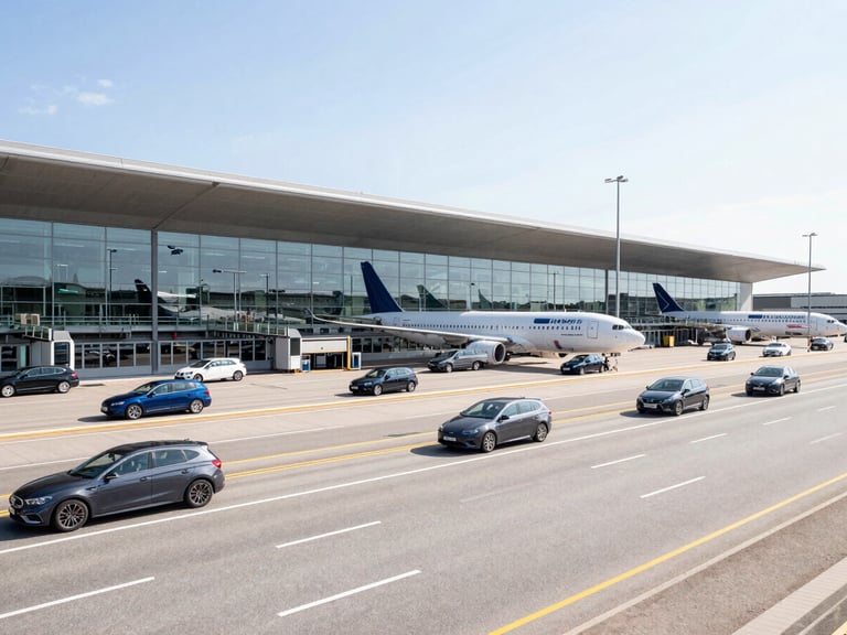 Copenhagen Airport terminal building exterior with planes in the background, under bright daylight, wide shot.