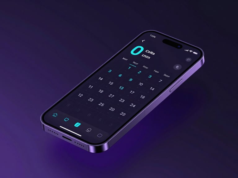 Sleek 3D render of a modern mobile device mockup showing a clean minimalist calendar interface with neon cyan highlights, dark tech aesthetic, soft violet backlighting, angled isometric layout, octane render