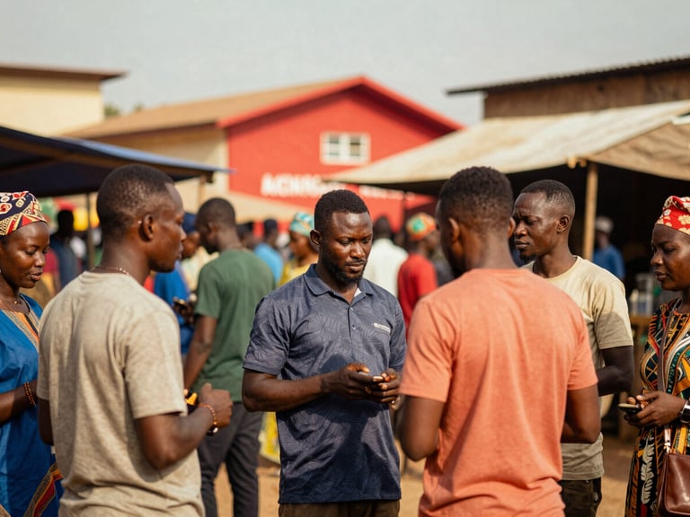 A bustling film market scene in Conakry, professionals networking, vibrant colors, warm West African sunlight, deep red branding visible.