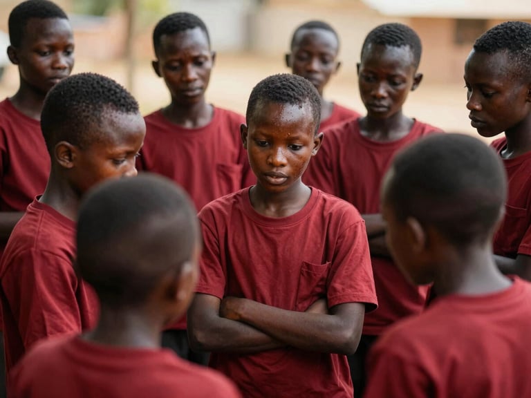 A group of Guinean film students collaborating on a project, focused and engaged, under professional set lighting, deep red accents in their attire.