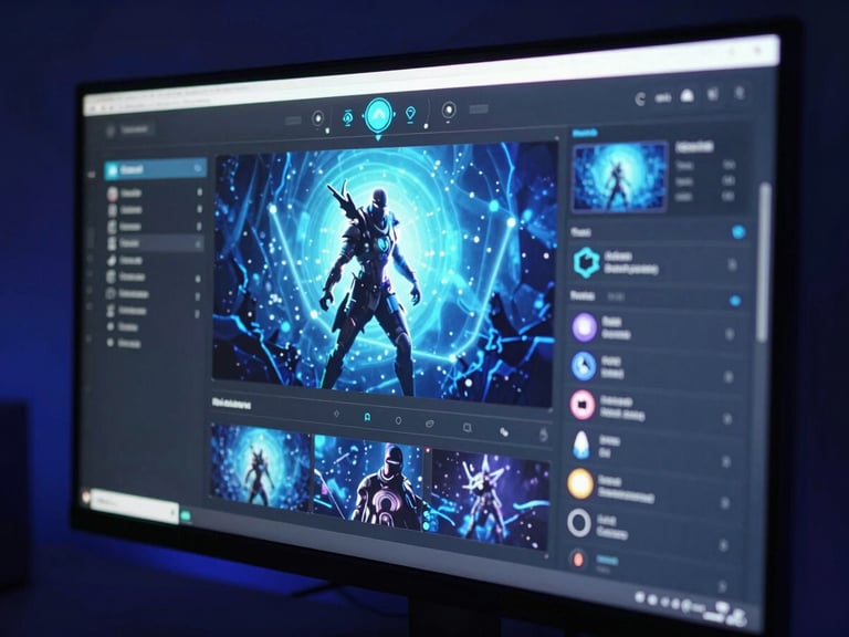 Angled close-up of a vibrant web game interface on a high-end monitor, dark room, subtle neon blue glow, sleek tech photography, 35mm