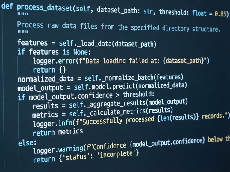Extreme close-up macro of clean well-structured code on a high-resolution display, cool-toned studio lighting, subtle neon blue ambient glow, dark slate tones, 35mm