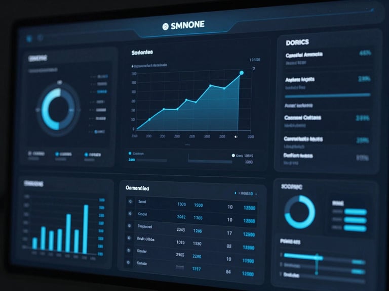 Sleek dark interface mockup of a data dashboard on a screen, cool blue ambient light, high-contrast digital interfaces, macro lens, 35mm