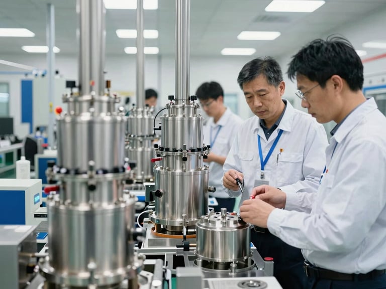 Clean factory assembly floor with engineers inspecting stainless steel RO components, bright industrial lighting, focus on precision.