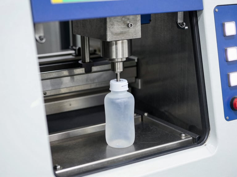 Close-up of a PET bottle preform injection molding machine in operation, glowing buttons, industrial setting, sharp detail, 35mm.