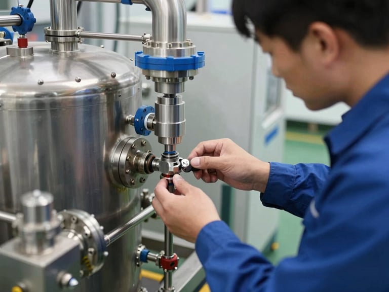 Engineer in a clean uniform inspecting an installed RO plant at a client site, close-up on technical adjustments, focus on service.