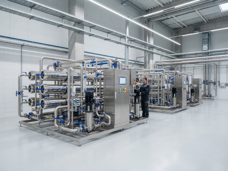 Wide shot of a polished stainless steel industrial RO plant, clean factory floor, bright studio lighting, blue and white accents, high detail, 35mm.