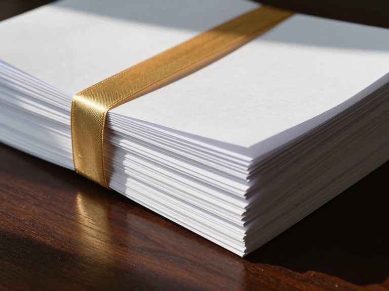 Close-up of a meticulously organized stack of legal documents tied with a gold ribbon on a dark wood surface, crisp daylight, geometric shadows.