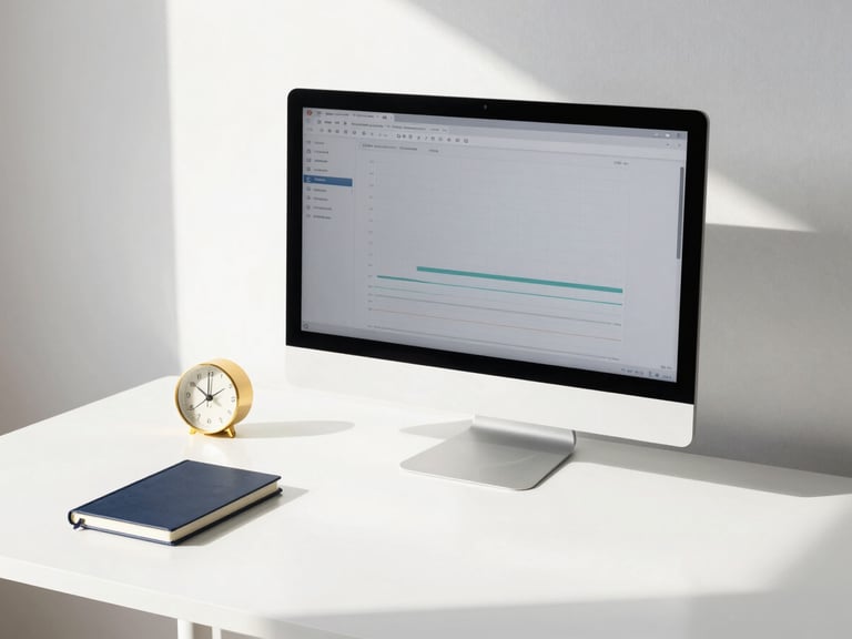 Minimalist desk setup with a monitor displaying a complex but clean chart, a small gold-accented clock, and a single deep navy notebook, sharp daylight.