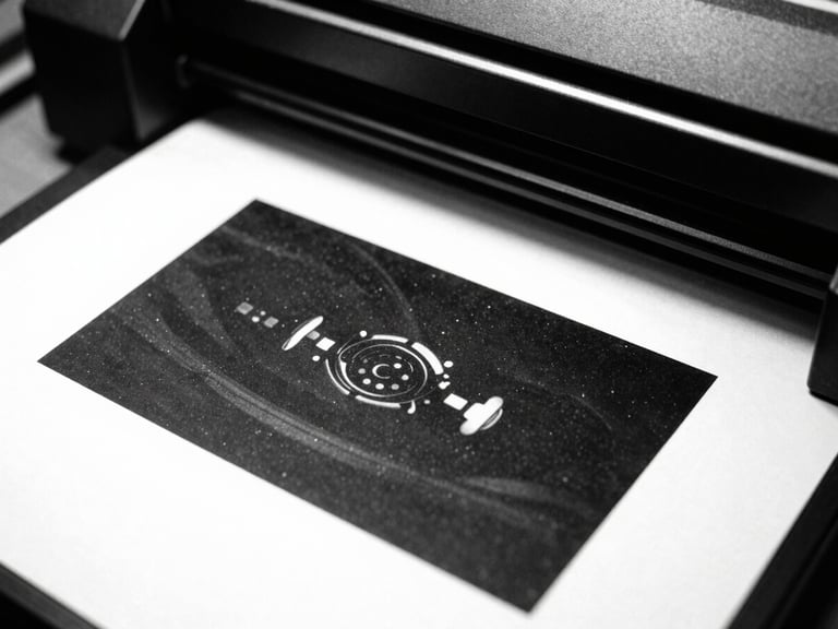 High-contrast monochrome scan of a printed design layout on a flatbed scanner, visible dust, film grain, stark black and white.