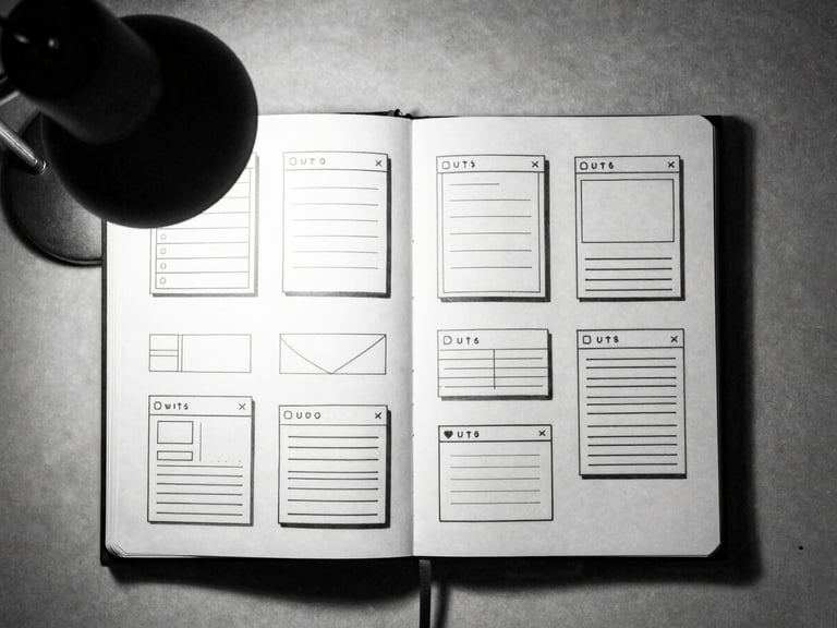 Top-down flat lay of an open physical notebook with hand-drawn interface wireframes, harsh direct desk-lamp light casting sharp shadows, high-contrast monochrome, 35mm film grain