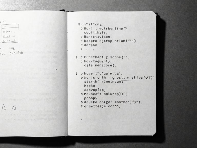Top-down flat lay of a physical notebook with handwritten monospace code and sketches under harsh direct desk-lamp light, stark monochrome, 35mm film grain.