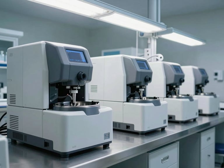 Close environmental shot inside a clinical laboratory, rows of automated analyzers and centrifuges on stainless steel counters, bright studio strobe lighting from overhead, no people, sharp focus on instrument panels and cable management, silver and white surfaces conveying precision