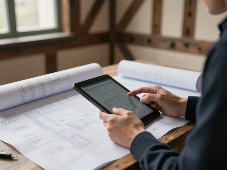 Architectural historian reviewing blueprints and daily build logs on a tablet, with a historic timber frame visible in the background. Natural light, focused on the documents.