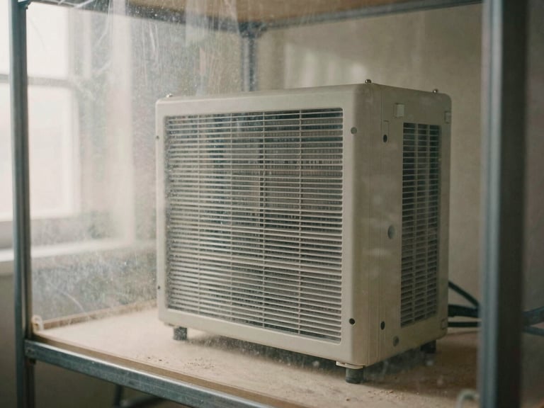Close-up of a HEPA air scrubber unit operating within a sealed dust-containment zone, showing clear plastic sheeting and a clean workspace. Soft, directional light.