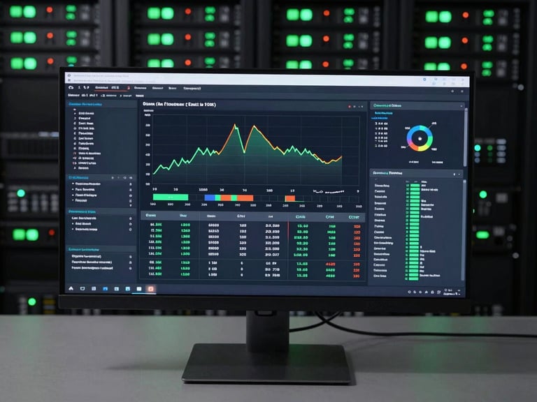 Wide overhead shot of a live analytics dashboard on a large monitor, server rack status indicators glowing green in the background, flat studio tungsten lighting, tight crop on real data visualizations and CPM readout panels