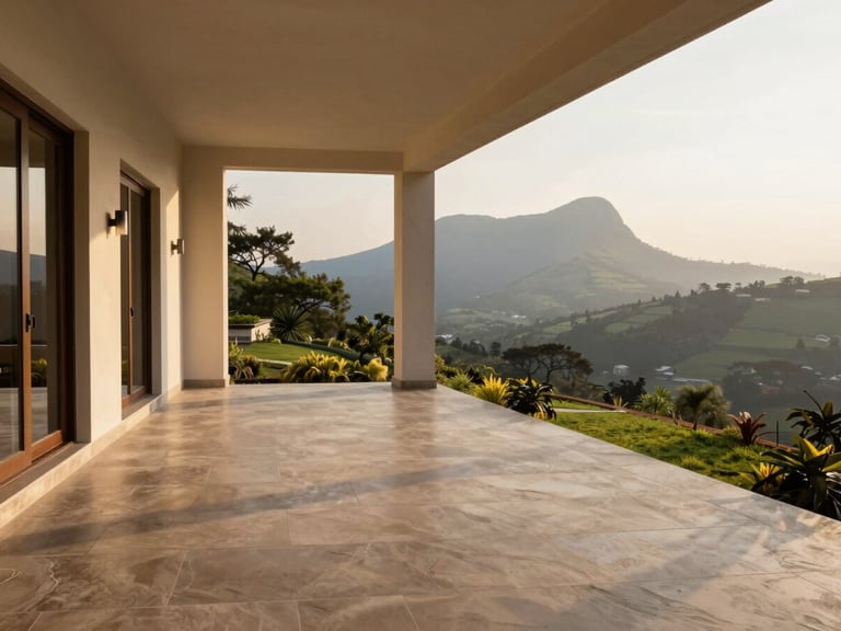 Sun-dappled veranda of a luxury estate in Karjat, looking out towards the Western Ghats, soft golden hour lighting, clean architectural lines and natural stone flooring.