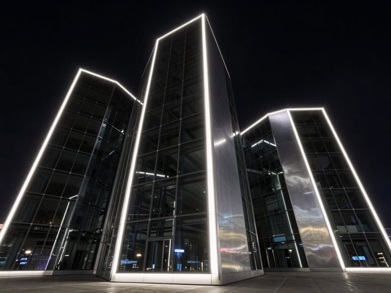 Ultra-wide monumental perspective of abstract architectural monoliths made of dark glass and polished silver, sharp rim lights, deep black background.
