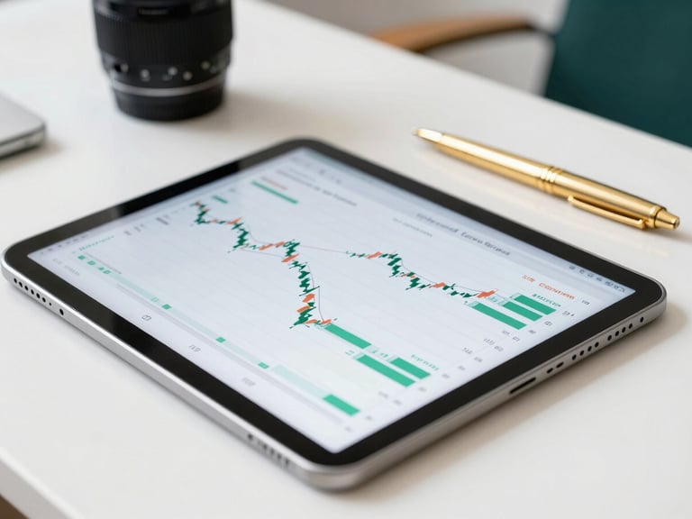 A close-up of a high-end tablet showing clean financial charts on a sleek desk with a golden pen, bright natural daylight, 35mm lens.