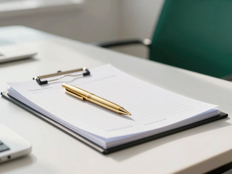A bright, modern corporate desk in Lahore, a gold pen resting on clean financial ledgers, soft daylight casting elegant shadows, 35mm lens, professional depth of field