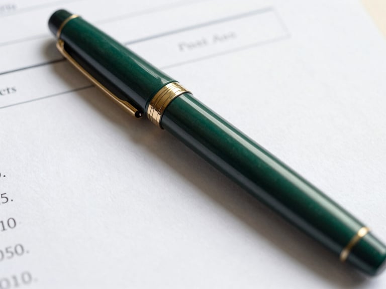 Macro photograph of a fountain pen resting on clean financial ledger documents, warm morning light casting soft shadows, deep forest green accents, editorial corporate style