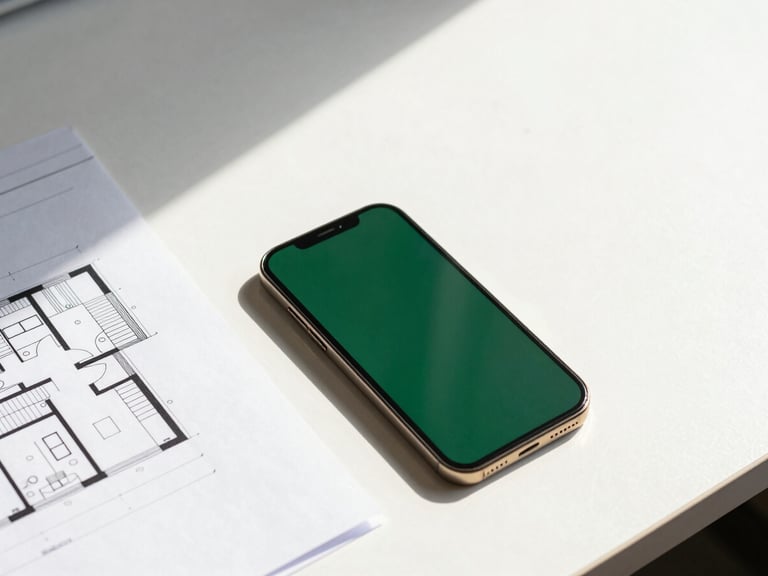 Architectural blueprint on a clean desk next to a modern smartphone, soft shadows, bright natural daylight