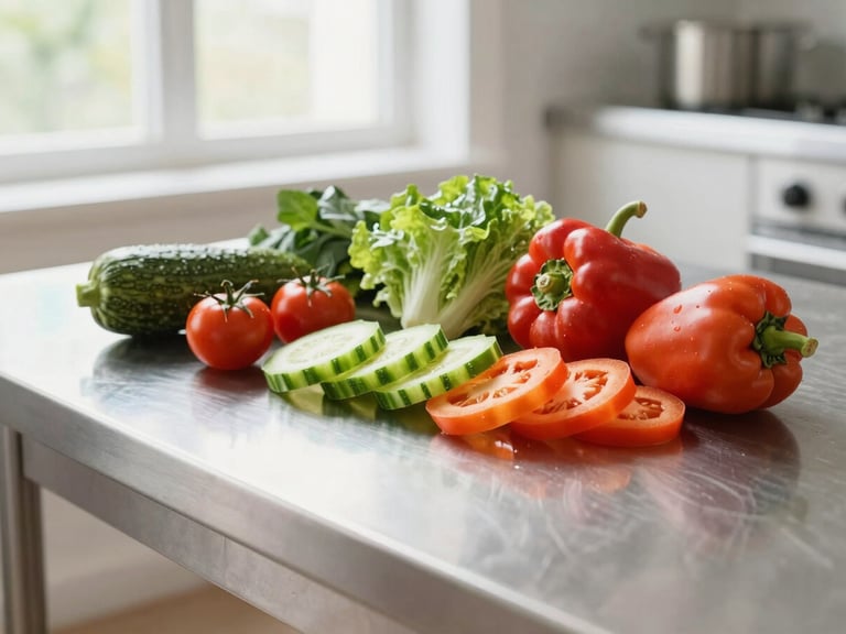 Bright editorial food photography of clean stainless steel kitchen prep table with freshly sliced vibrant vegetables, natural window light, sharp focus, 50mm lens