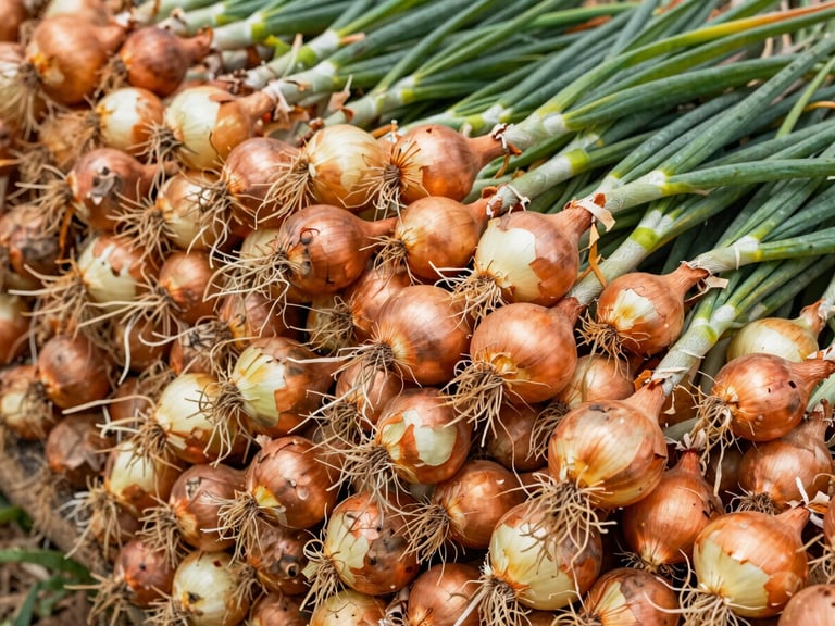 Close-up of a pile of freshly harvested golden-skinned grano onions, rich copper tones, high detail texture, natural daylight.