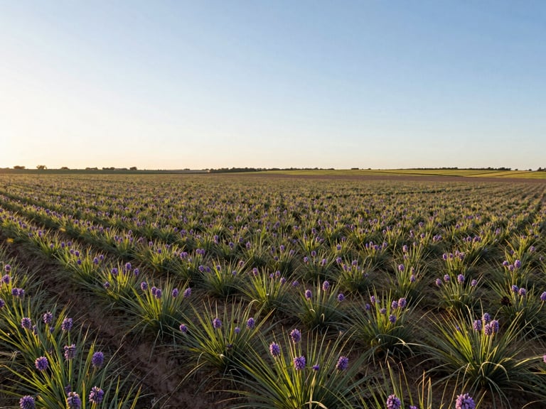 Campo extenso de ajo morado en Las Pedroñeras al atardecer, con la luz dorada incidiendo sobre las plantas, perspectiva amplia y horizonte bajo.