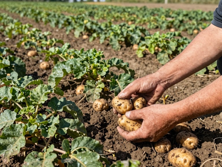 Manos enguantadas recolectando patatas tempranas de la tierra, mostrando la piel fina y el tamaño pequeño, con la tierra fértil y verde follaje de patata en un día soleado.
