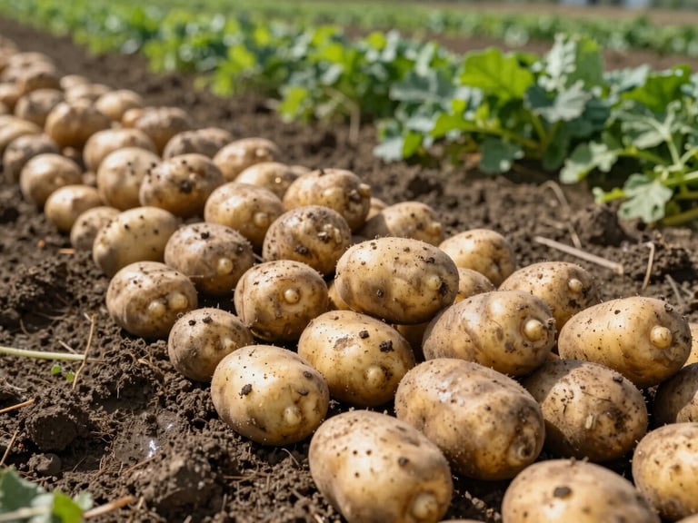 Primer plano de patatas Agria recién cosechadas, de piel clara y forma ovalada, sobre tierra oscura y húmeda, con un campo verde de patatas borroso al fondo, luz natural brillante.