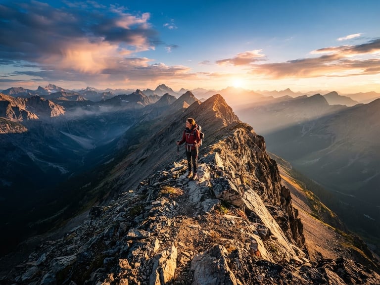 Wide environmental shot of a hiker standing on a sharp mountain ridge at sunrise, high-contrast natural sunlight, crisp 35mm