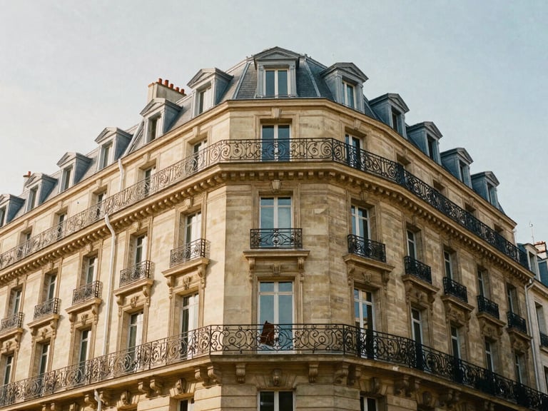 Wide architectural shot of a sunlit Parisian Haussmannian facade with classic wrought iron balconies, warm afternoon stone tones, 35mm lens editorial photography