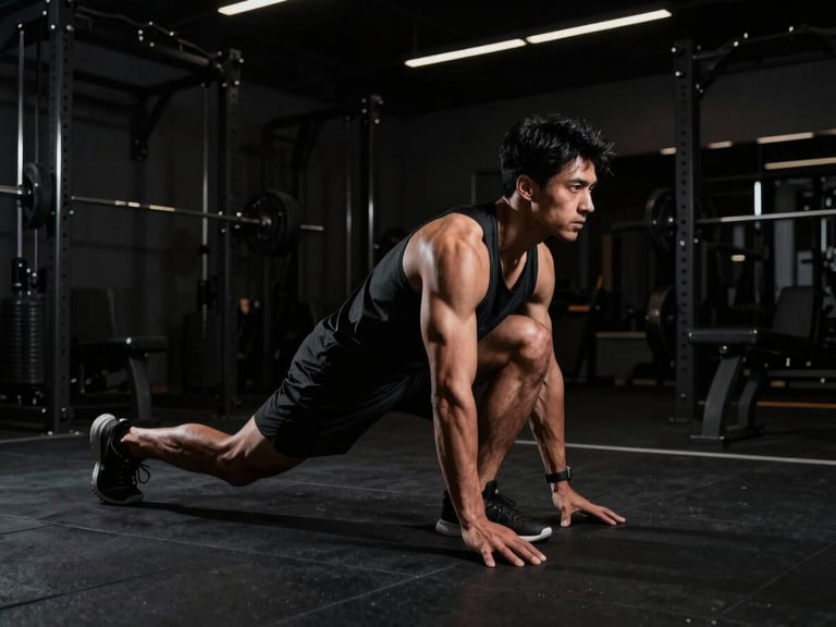 Low-key dramatic side-lighting on a masculine athlete training in a dark gym, high contrast, sharp shadows, 35mm lens.