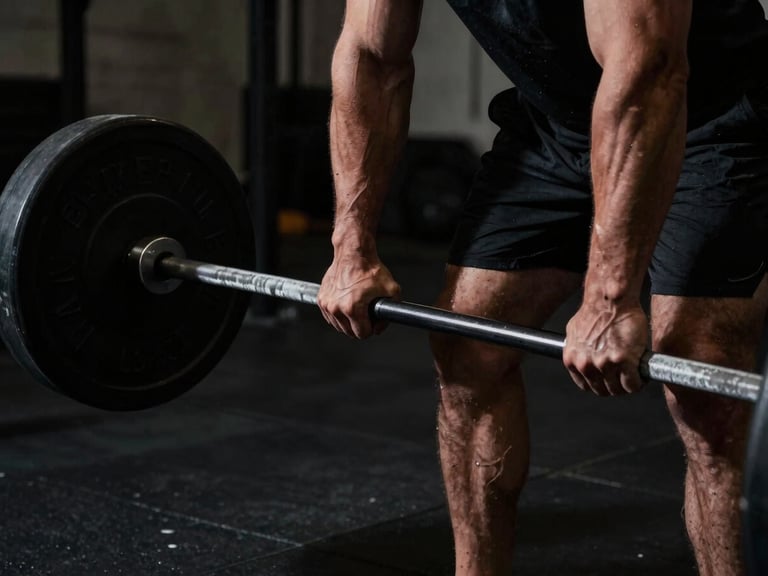 Close-up of a masculine athlete's hands gripping a heavy steel barbell in a dark, gritty NYC gym, dramatic low-key side-lighting, high contrast, 35mm lens.