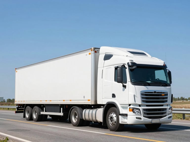 Crisp daylight shot of a clean white semi-truck driving on an open highway, clear blue sky, wide environmental framing, 35mm