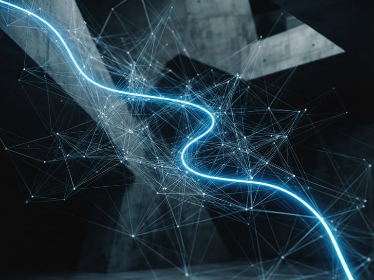 Abstract representation of interconnected data points forming a complex network, with a single bright electric blue line highlighting a path, high-contrast studio lighting, minimalist architectural angles, cool ambient light, 35mm lens