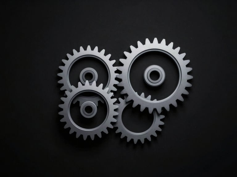 minimalist editorial photography, cool ambient lighting, high contrast, desaturated tones with electric blue accents, 35mm lens, abstract conceptual image of interlocking gears or a minimalist architectural structure suggesting strategic planning and execution, dark background