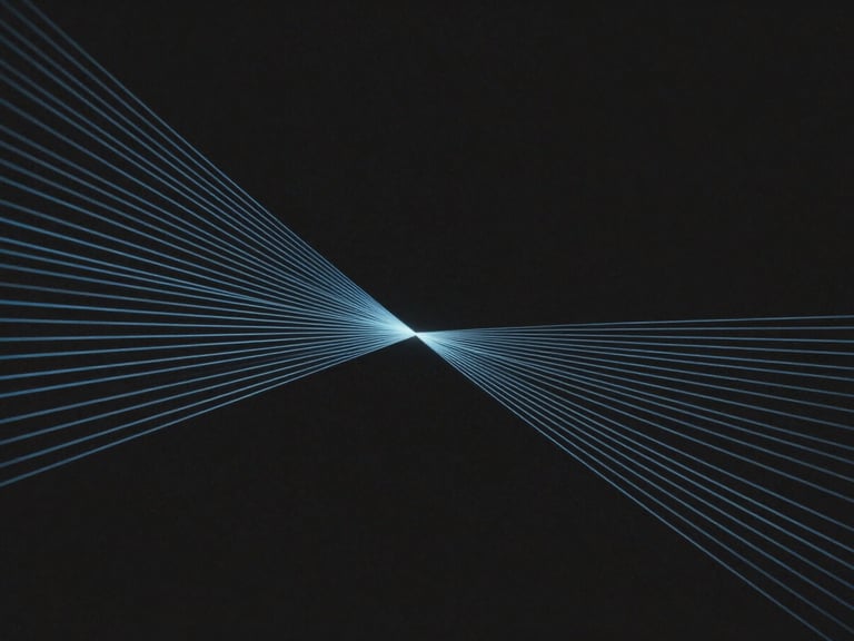 minimalist editorial photography, cool ambient lighting, high contrast, desaturated tones with electric blue accents, 35mm lens, abstract conceptual image of data streams converging into a single point, or a clean, geometric representation of a database, dark background