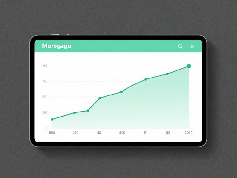 A clean digital interface showing a mortgage amortization curve on a screen, mint green accents, high-contrast slate background, soft natural daylight, minimalist composition