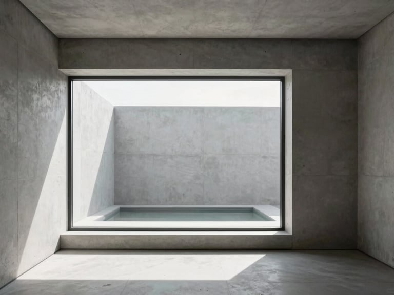 A minimalist modern home interior with sharp concrete lines, soft natural daylight streaming through a large window, high-end real estate, 35mm