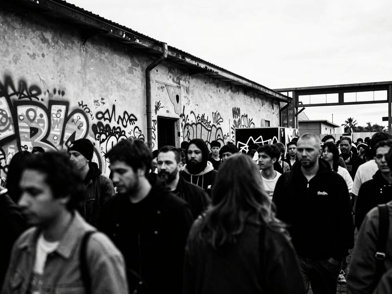 High contrast black and white photo, direct harsh flash, wide-angle 28mm lens, showing a crowded, raw pop-up store opening in a derelict industrial building, with blurred faces and bold graffiti.