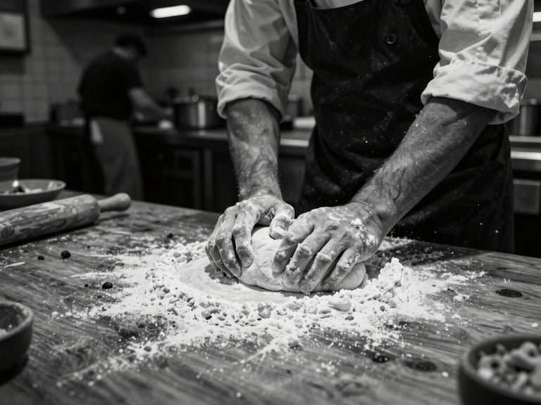 Wide-angle, high contrast black and white photo, low-key ambient light, showing a chef's hands covered in flour, powerfully kneading dough on a rough wooden table in a busy, industrial kitchen.