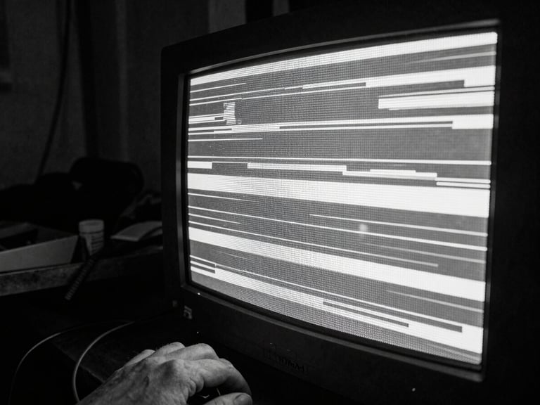 Extreme close-up, raw flash photography, high contrast black and white, showing a hand holding a flickering CRT monitor displaying glitch art, in a dimly lit, cluttered workshop.