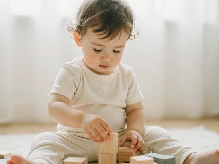 Candid mid-shot of a two-year-old toddler playing with wooden blocks, wearing a soft cream cotton set, diffused morning daylight.