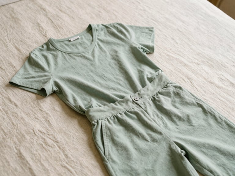 A flat lay of a minimalist sage green co-ord set on natural linen, warm diffused morning daylight, editorial style.