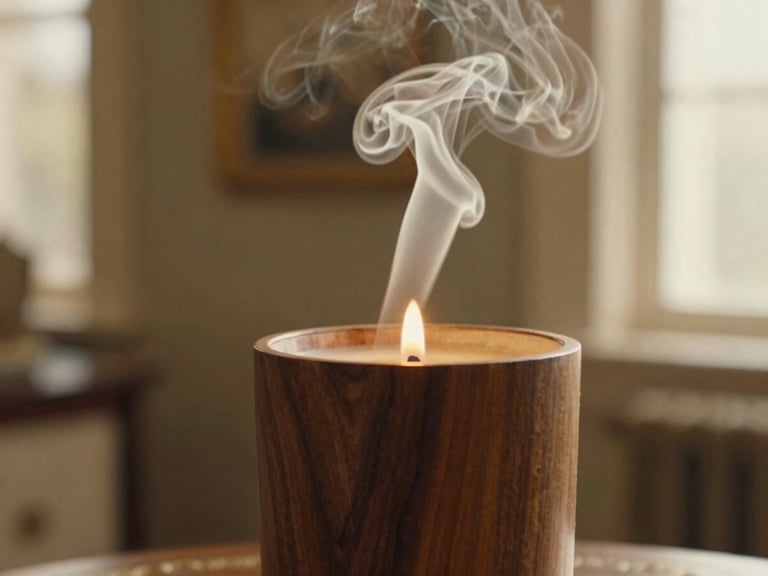 Abstract image of swirling fragrant smoke from a Lumora candle, warm ambient light, hint of a luxurious interior in background.
