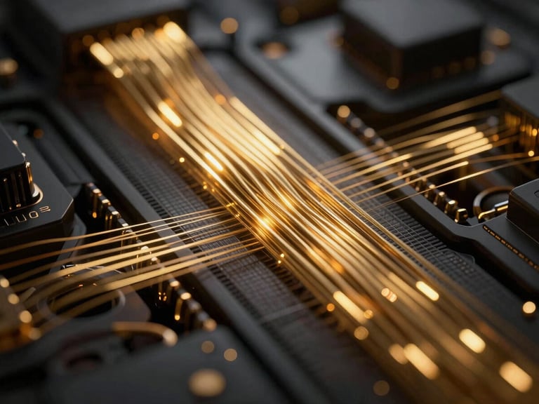 Abstract representation of gold digital data streams flowing through a dark central processor, high-tech premium aesthetic, cinematic lighting, 35mm