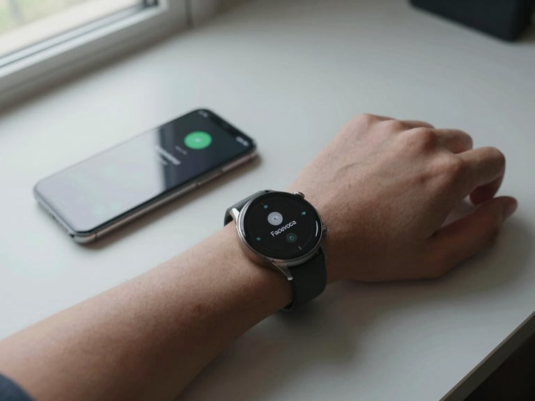 Wide environmental shot of a hand wearing a Wear OS smartwatch on a neutral desk, the Facevoca recording interface visible on the watch face, a paired Android phone resting nearby showing the same app, diffuse daylight from a window off-frame left