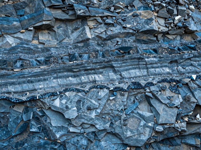 Overhead wide study of exposed quarry strata wall, geological layers in cool blues and greys stratified horizontally, raw stone surface showing mineral veins and crystalline formations, overcast diffused light, no human presence, no color correction